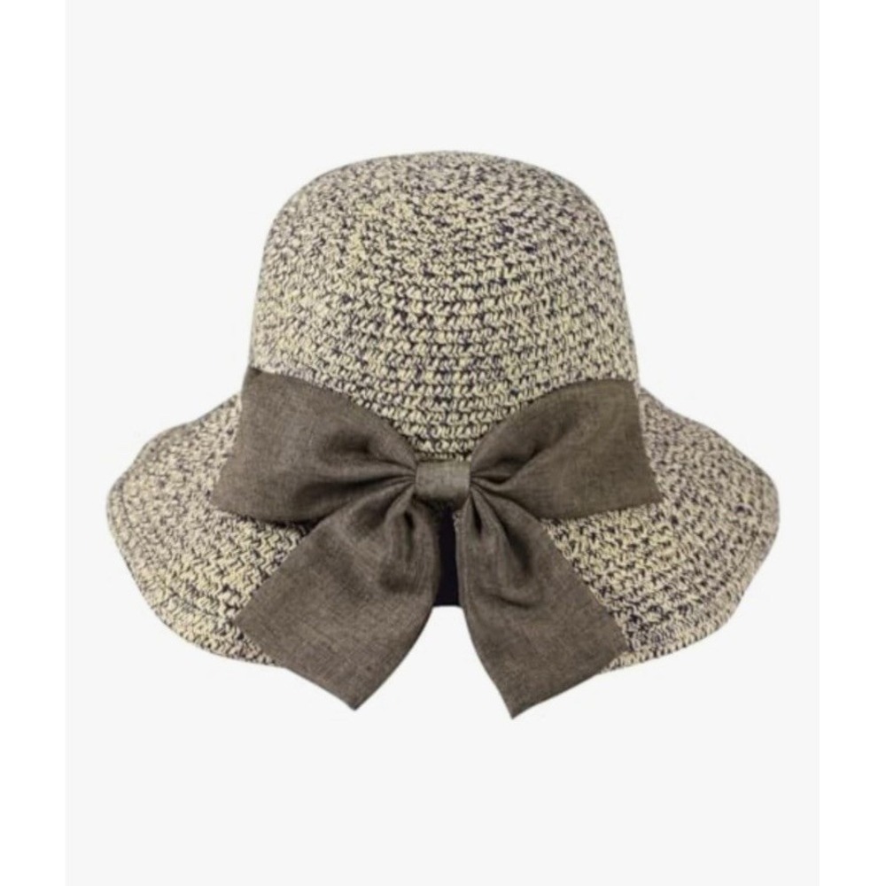 Comhats Sun Hat Women One Size Navy Tan New Woven Bow Wide Brim SPF 50